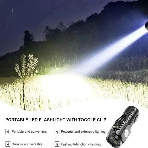 Black tactical LED flashlight emitting a bright beam with toggle clip