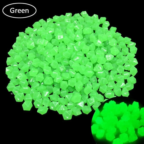 Glow-in-the-dark pebble stones, green hex-shaped chips (glow)