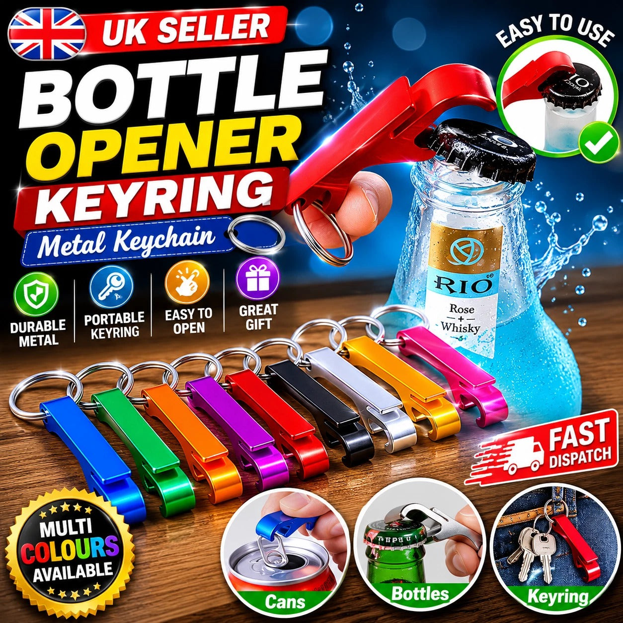 Red metal bottle opener keyring with key loop, shown with an open bottle cap