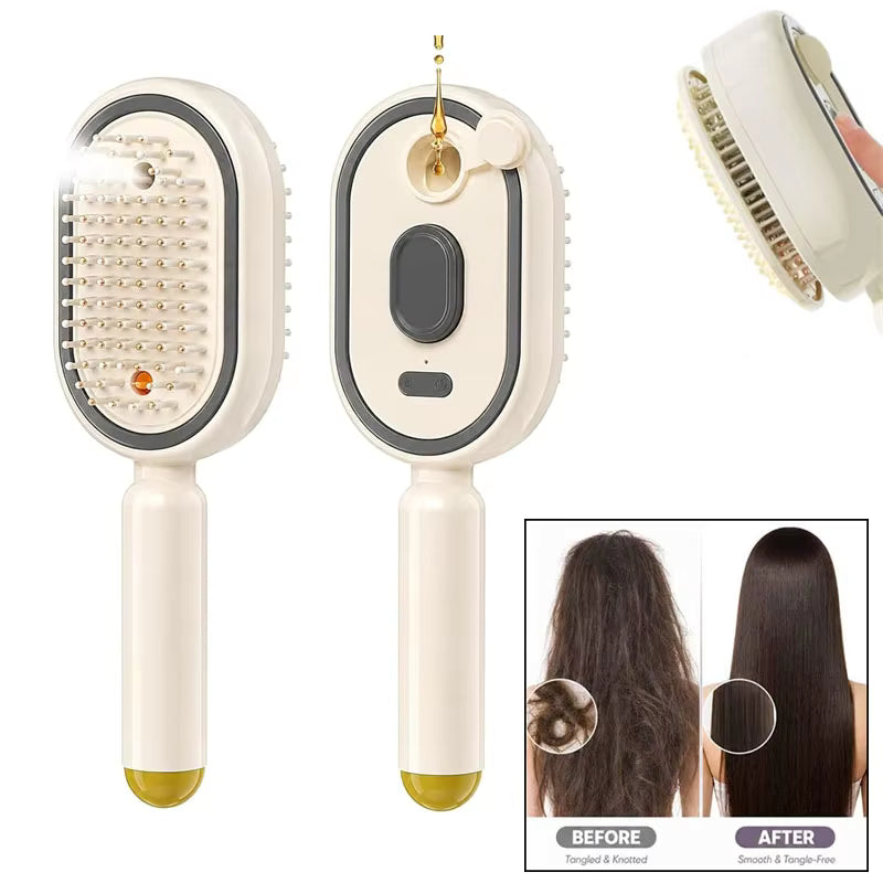 White electric steam hair brush with rounded bristles and side control buttons