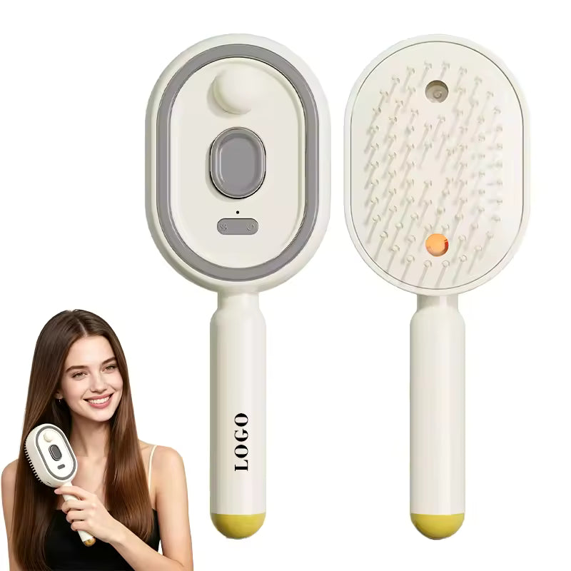 White handheld electric steam hair brush with back control panel and bristle head
