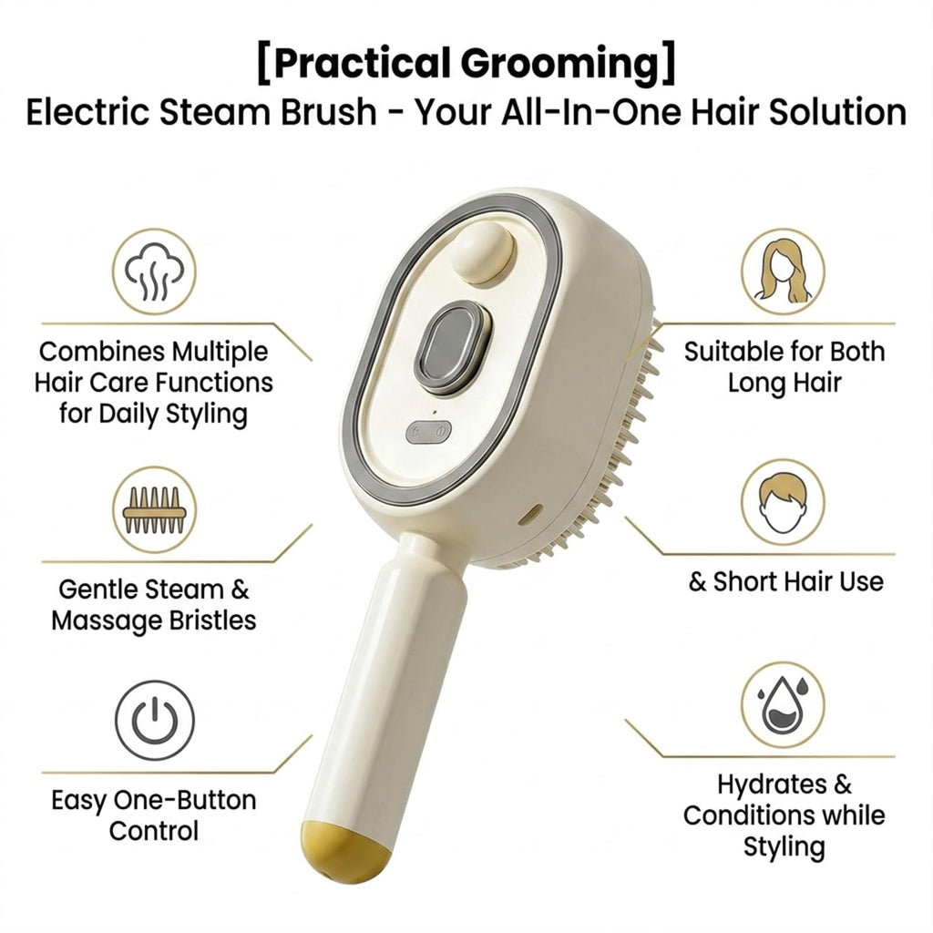 White electric steam hair brush with steam vent and wide oval bristle head