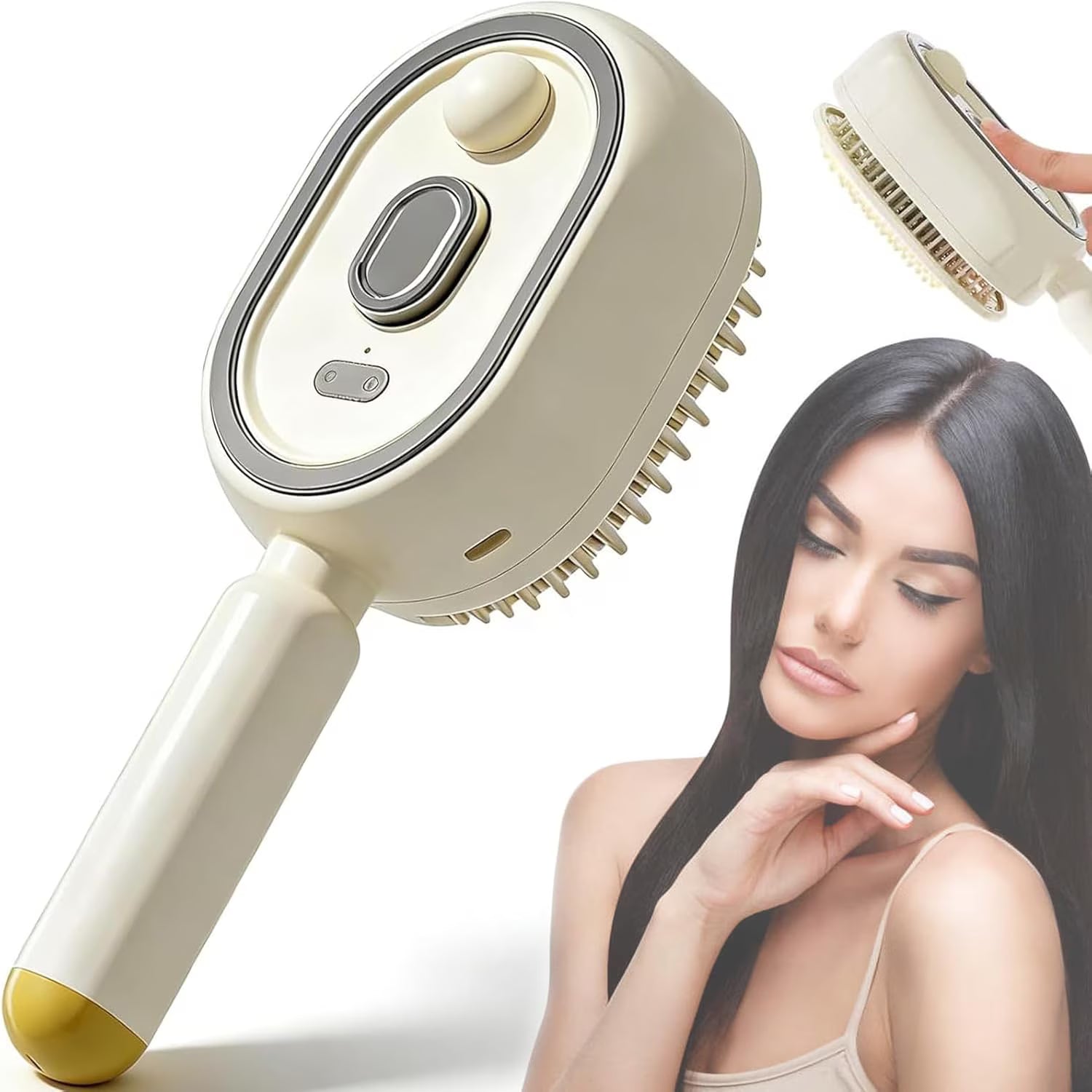 Cream electric steam hair brush with oval bristle head and side control panel