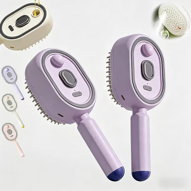 Purple electric steam hair brush with oval bristle head and side control buttons