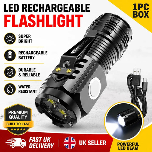 Black rechargeable LED flashlight with mounted metal accessory and charging port