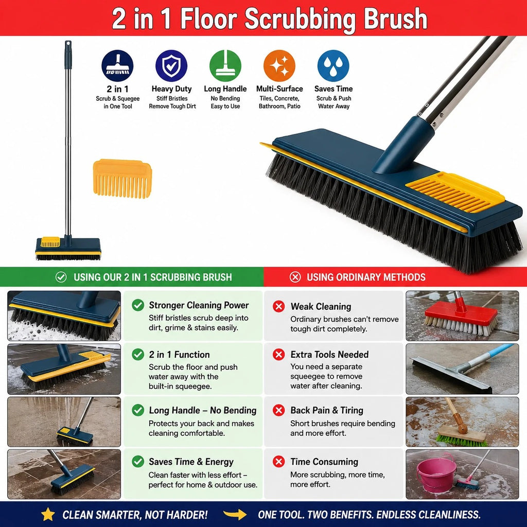 Long Floor Scrubbing Brush Long Handle Pole 2 in 1 Stiff Bristle Brush Squeegee