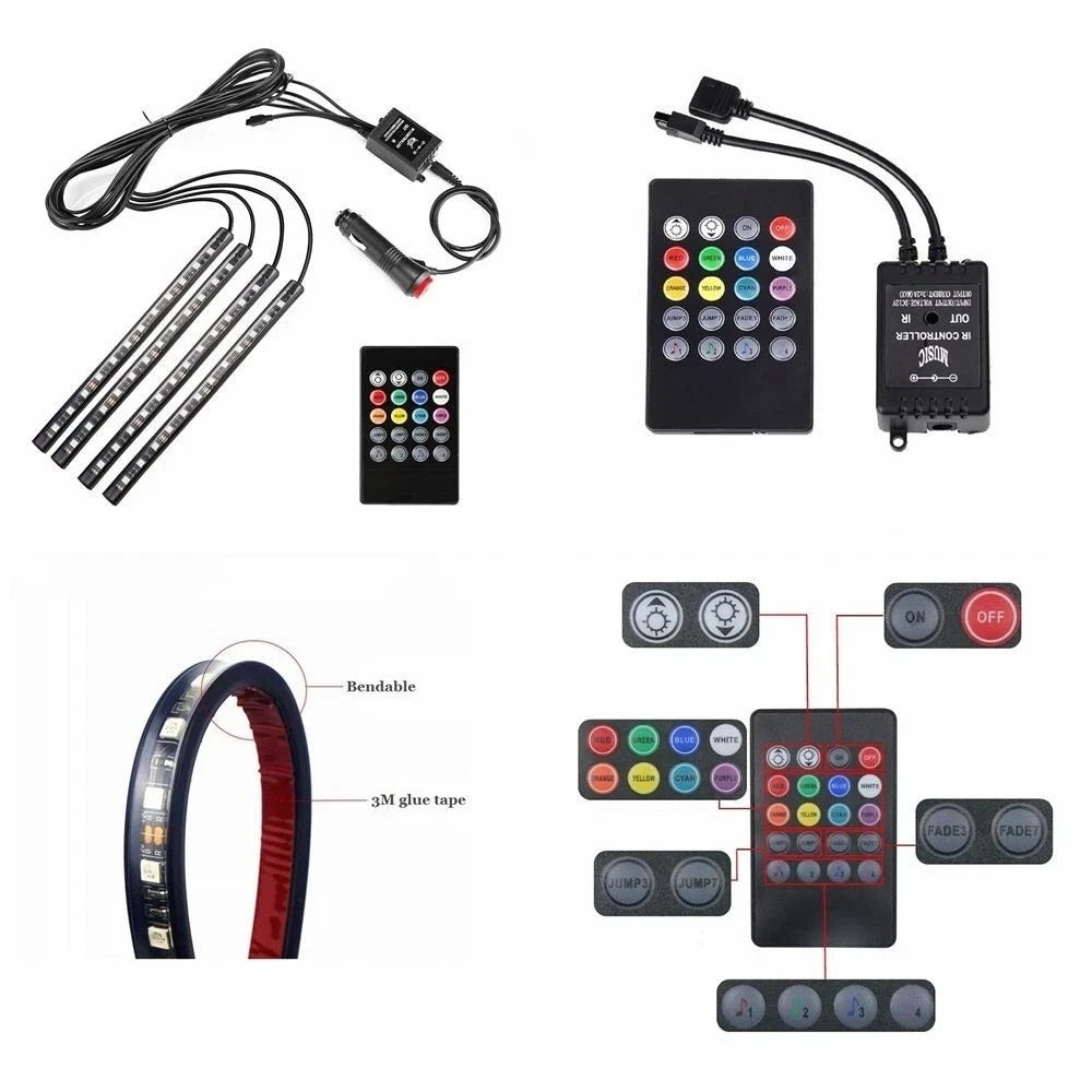Car Interior Footwell LED Strip Lights RGB Multicolour Remote Atmosphere Lamp UK