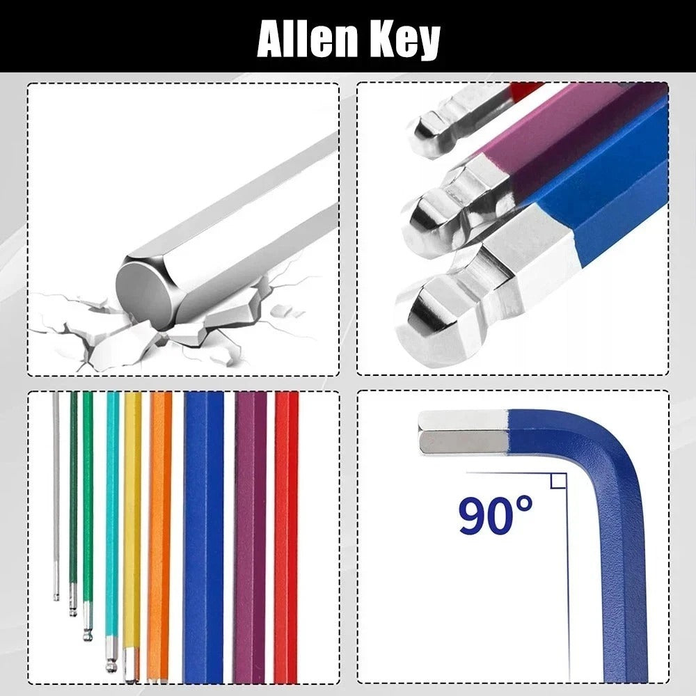 9x Allen Key Set Hex Metric Ball End Long Folding Colour Coded Design Alan Keys