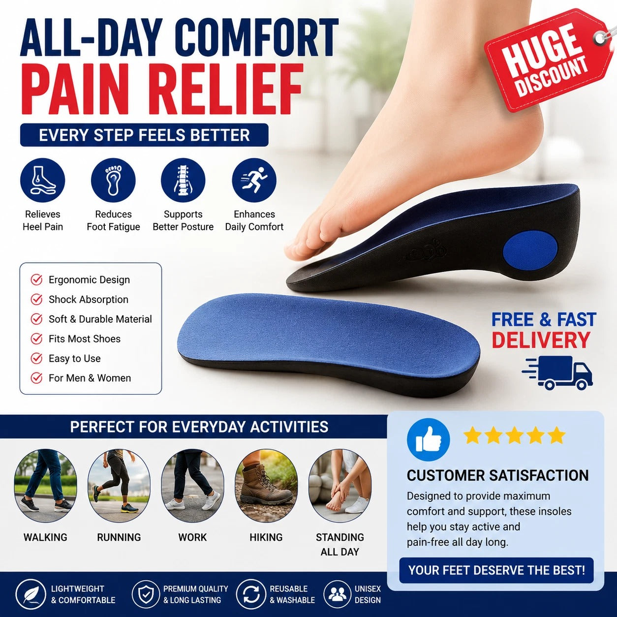 Orthotic Arch Support Insoles 3/4 For Flat Feet Plantar Fasciitis Fallen Arches