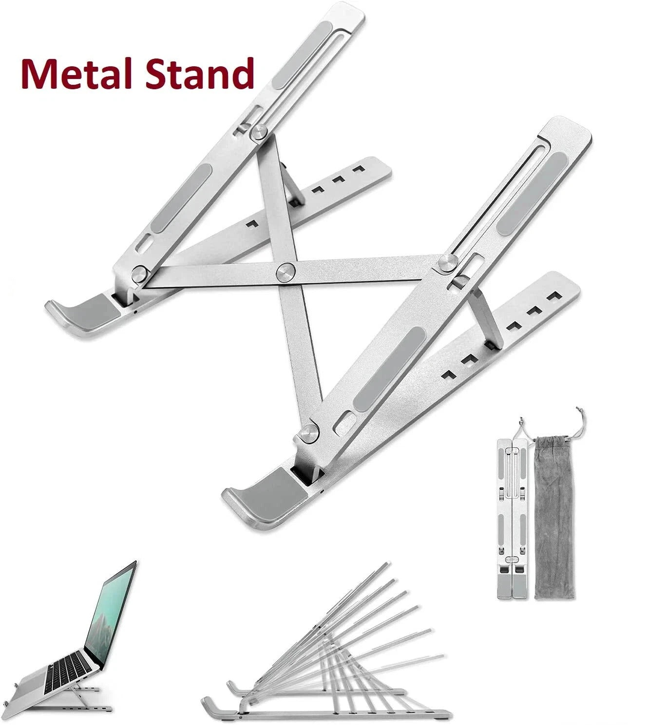 Silver adjustable metal laptop stand with two support arms and anti-slip base feet