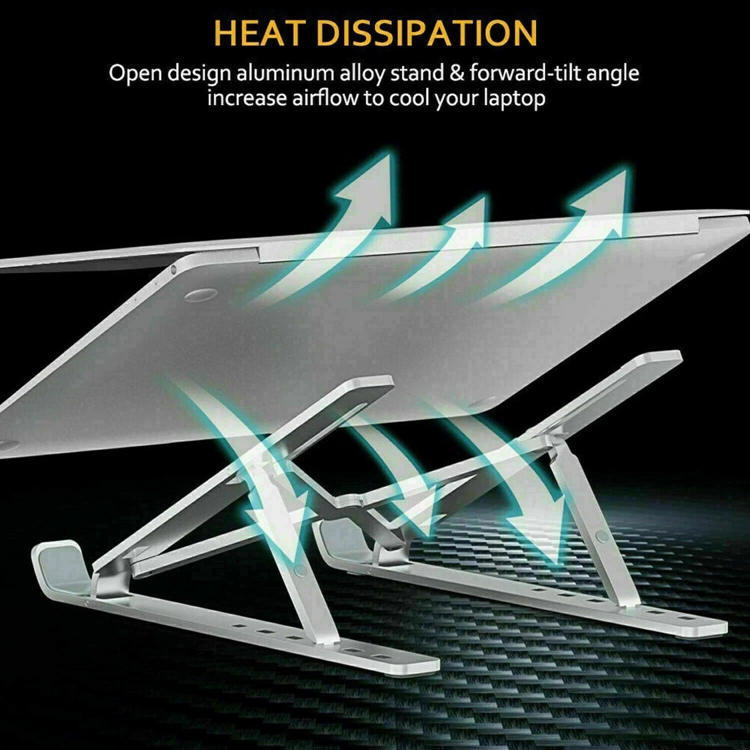 Silver metal laptop stand with open design and vented platform for airflow