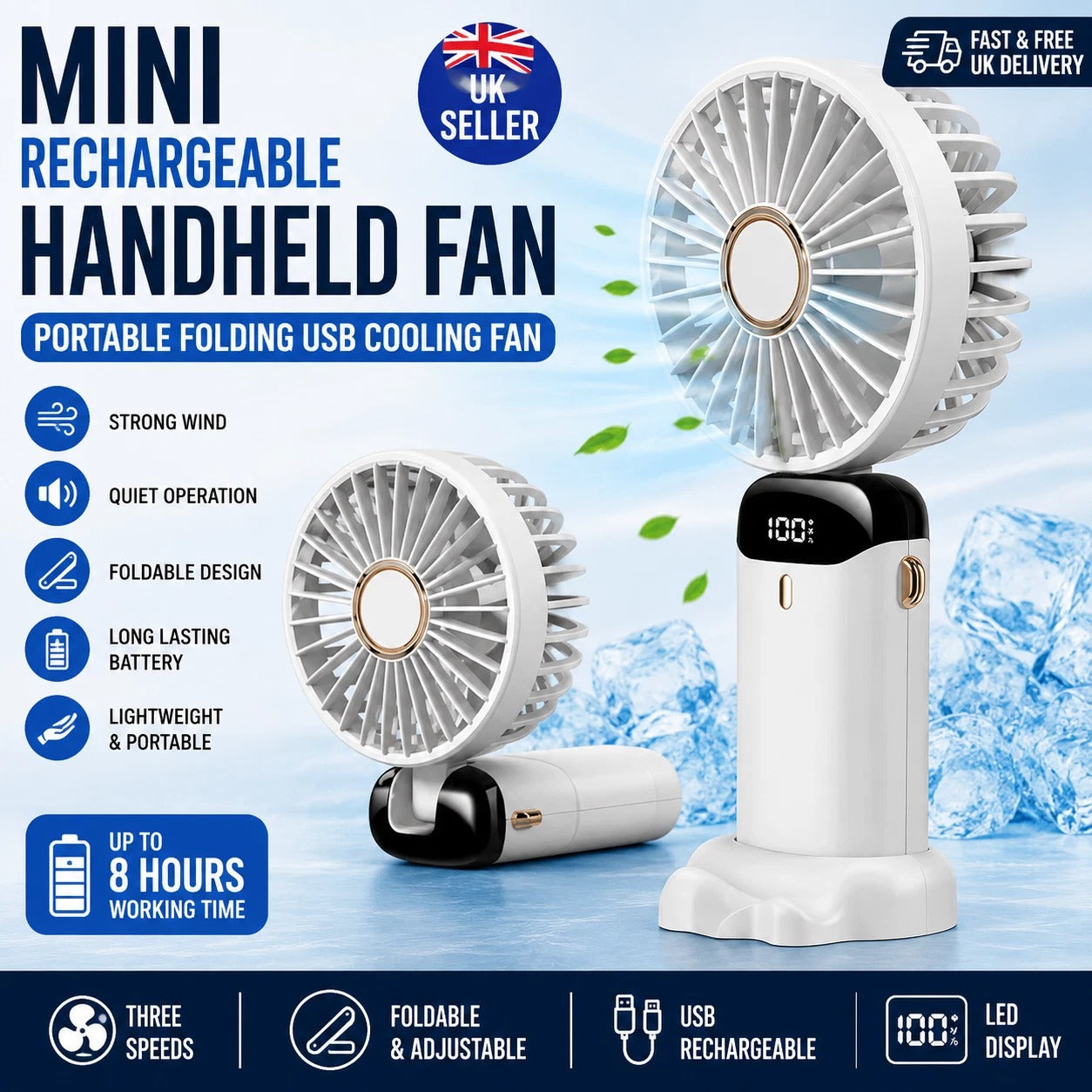 Mini Rechargeable Handheld Fan - Portable Folding USB Cooling Fan for Desk UK