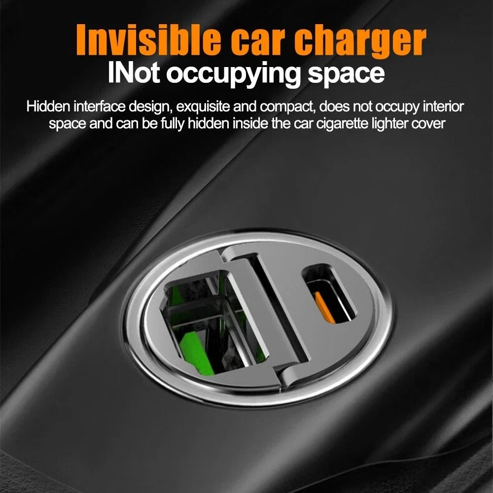 Round hidden car charger module with USB-A and Type C ports in a dash opening