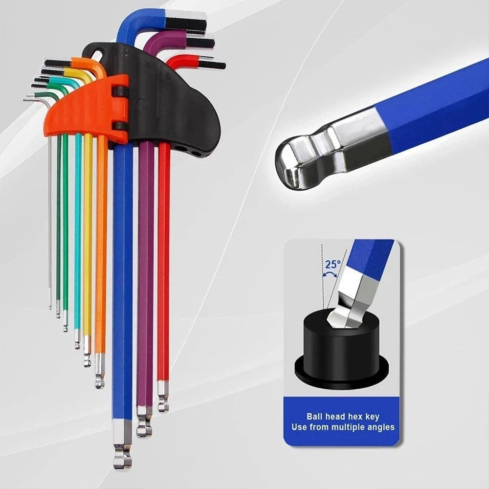 9x Allen Key Set Hex Metric Ball End Long Folding Colour Coded Design Alan Keys
