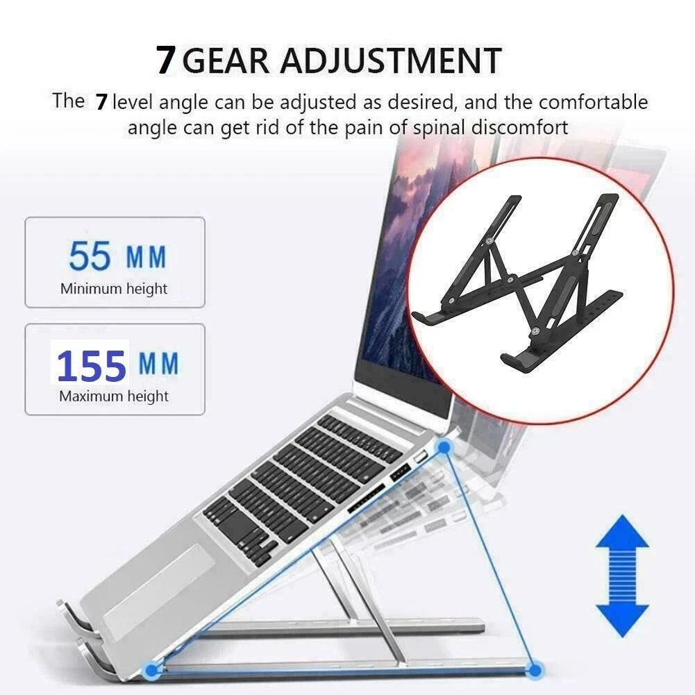 Black adjustable laptop stand holding a laptop at an elevated viewing angle