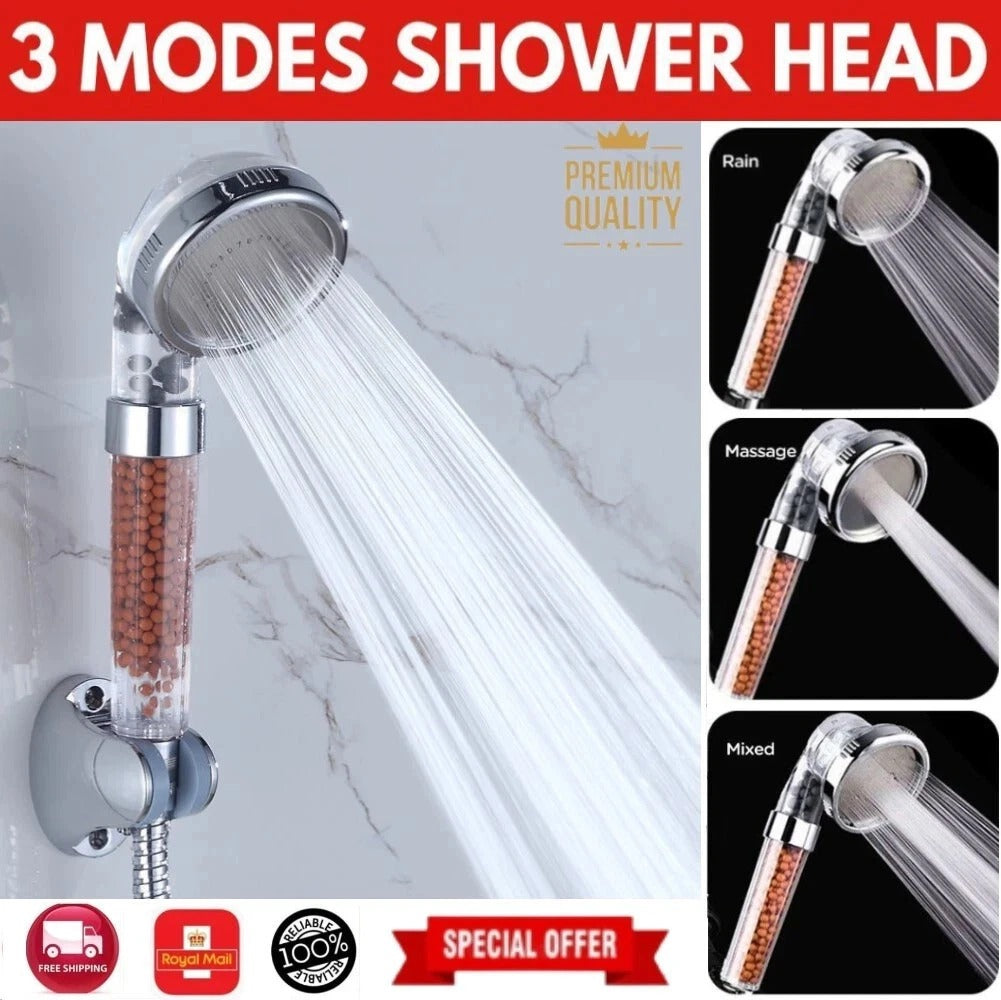 Shower head showing 3 spray modes: rain, massage, and mixed stream