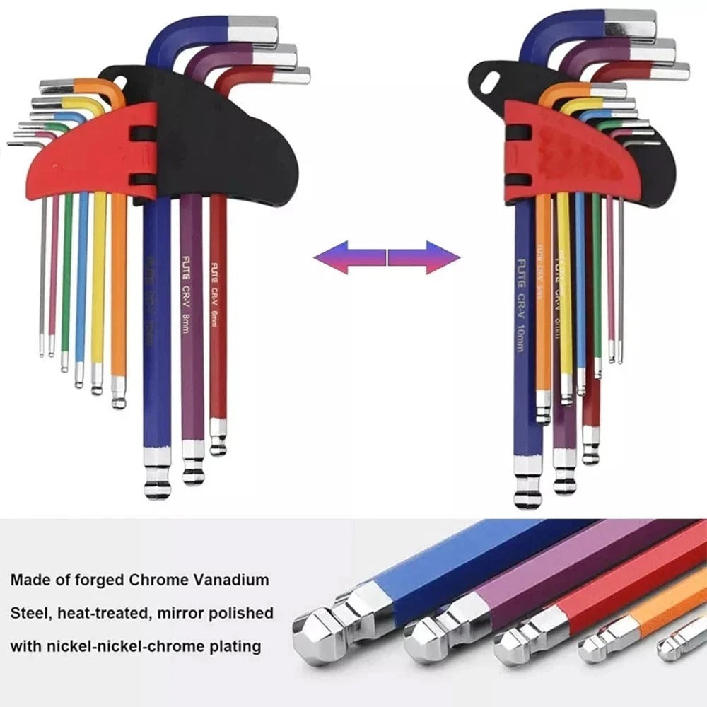 9x Allen Key Set Hex Metric Ball End Long Folding Colour Coded Design Alan Keys