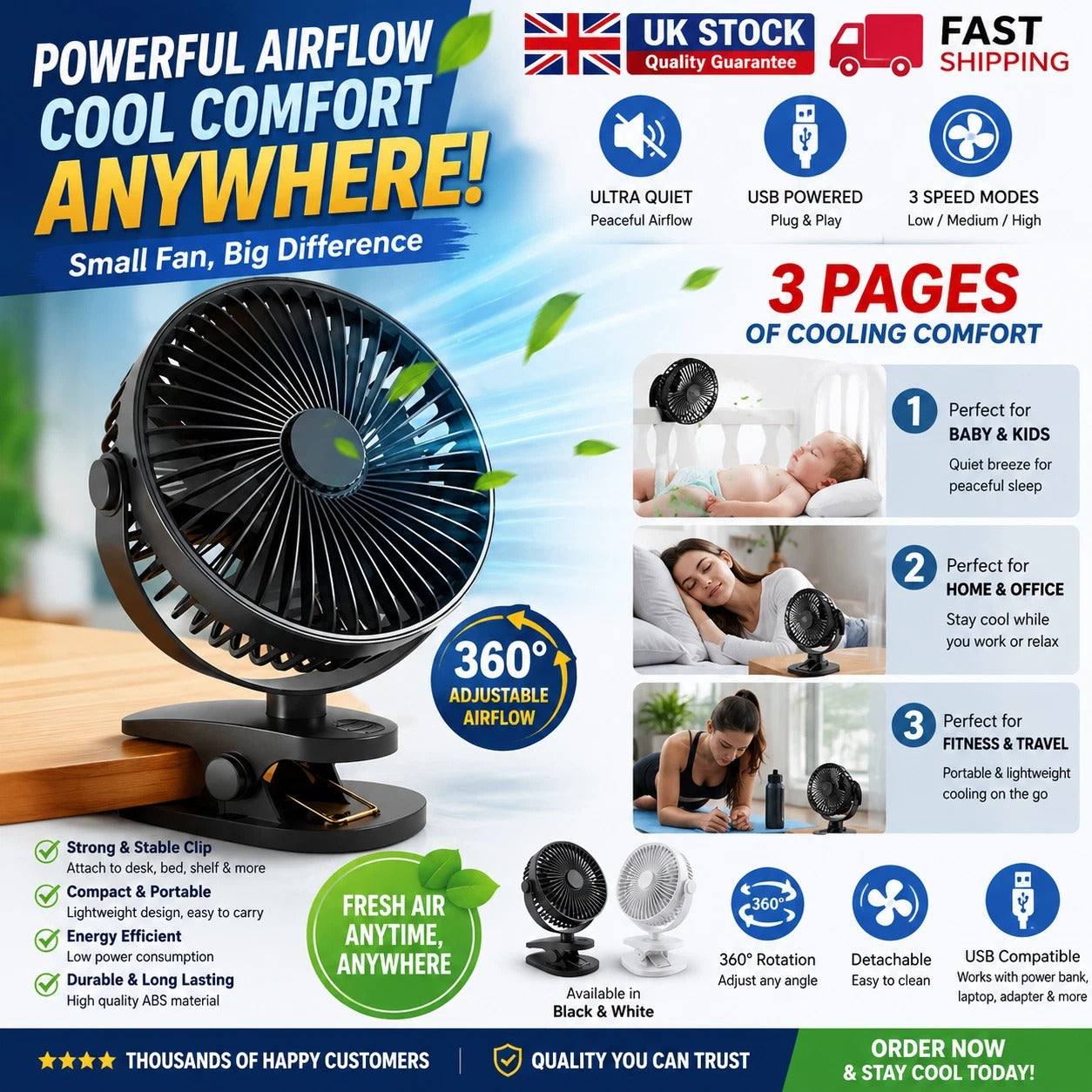 Portable USB Clip On Fan Rechargeable Mini Desk Fan 360° Rotation Quiet Cooling