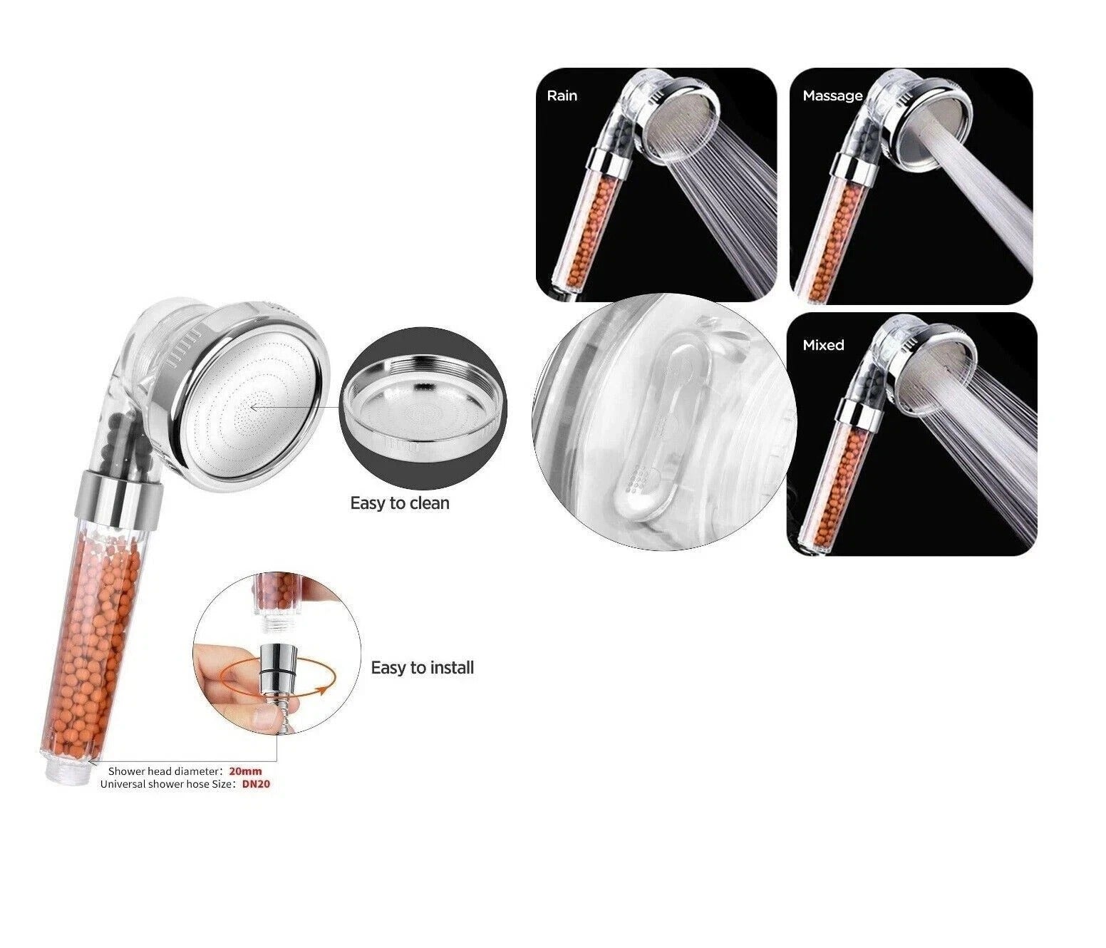 Chrome shower head with 3 spray modes and bead-filled replaceable filter cartridge