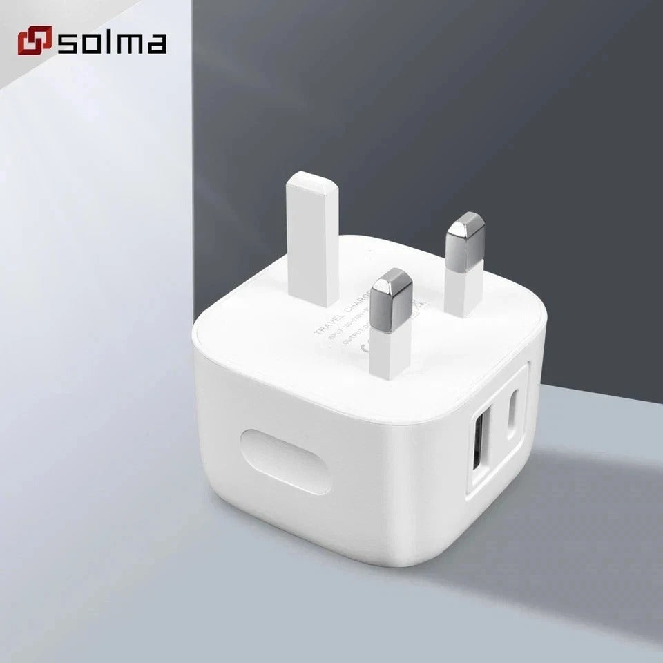 Fast Charging Dual Port Plug 20W - Type C & USB A Charger Adapter for UK Device