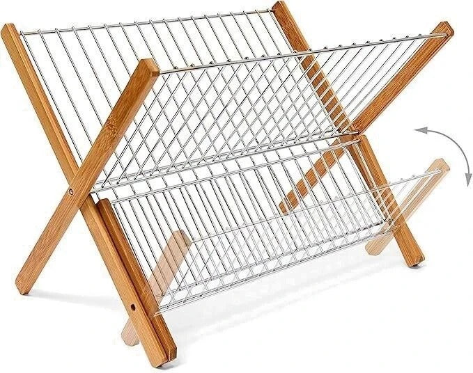 2 Tier Bambo Dish Rack Plate Cup Drying Drainer Storage Drip Tray Cutlery Holder
