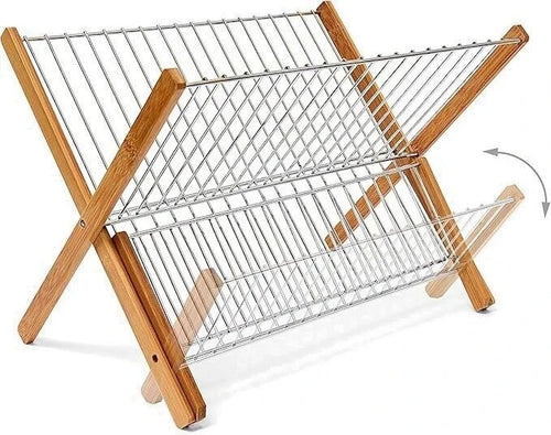 2-tier bamboo dish rack with white wire shelves and side supports, drip tray base