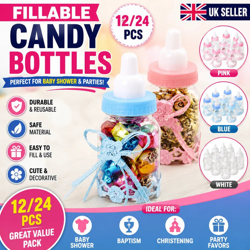 Set of fillable candy bottles with pink, blue, and white caps, decorative bows.