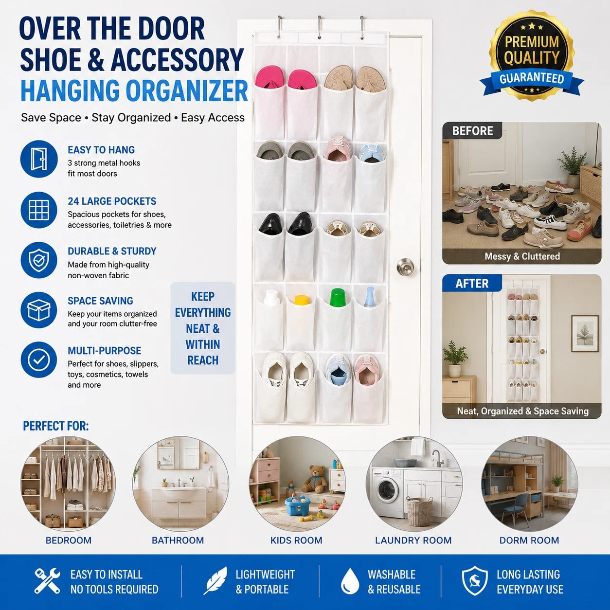 24 Pockets Over Door Hanging Shoe Rack Storage Hanger Holder Organiser Tidy