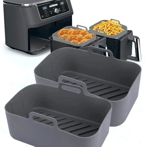 Dual air fryer liner baskets, dark gray silicone trays with side handles and ridged base