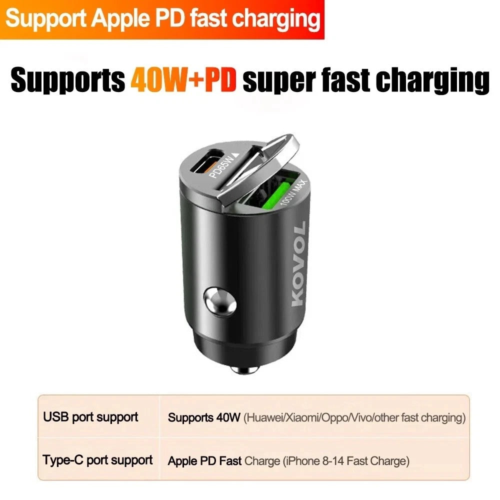 Silver car phone charger with Type C port and USB port, compact plug-in adapter