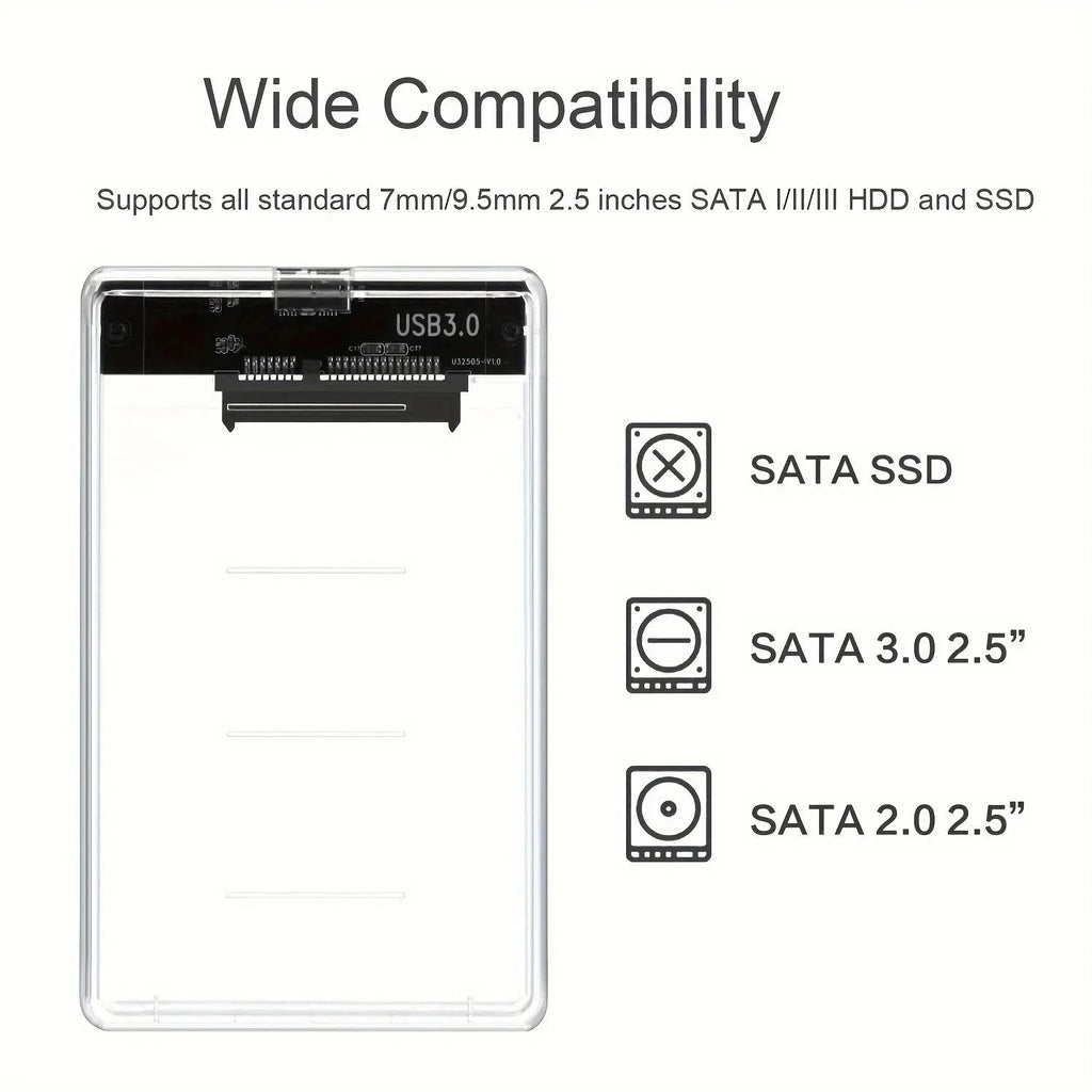 2.5" USB 3.0 SATA External Hard Drive Enclosure Case Clear HDD SSD Caddy Adapter