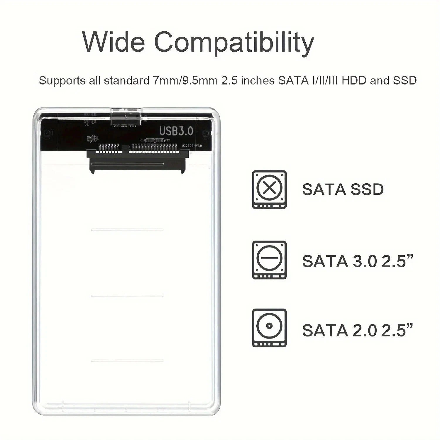 2.5" USB 3.0 SATA External Hard Drive Enclosure Case Clear HDD SSD Caddy Adapter