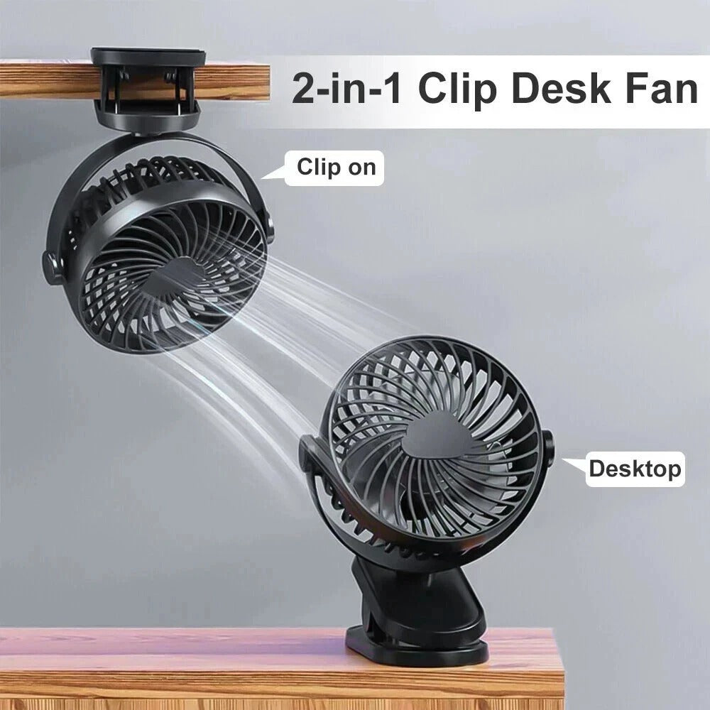 Portable USB Clip On Fan Rechargeable Mini Desk Fan 360° Rotation Quiet Cooling