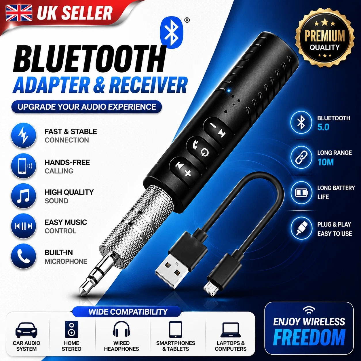 Wireless Bluetooth v4.1 Transmitter Stereo Music 3.5mm Adapter AUX Car Receiver