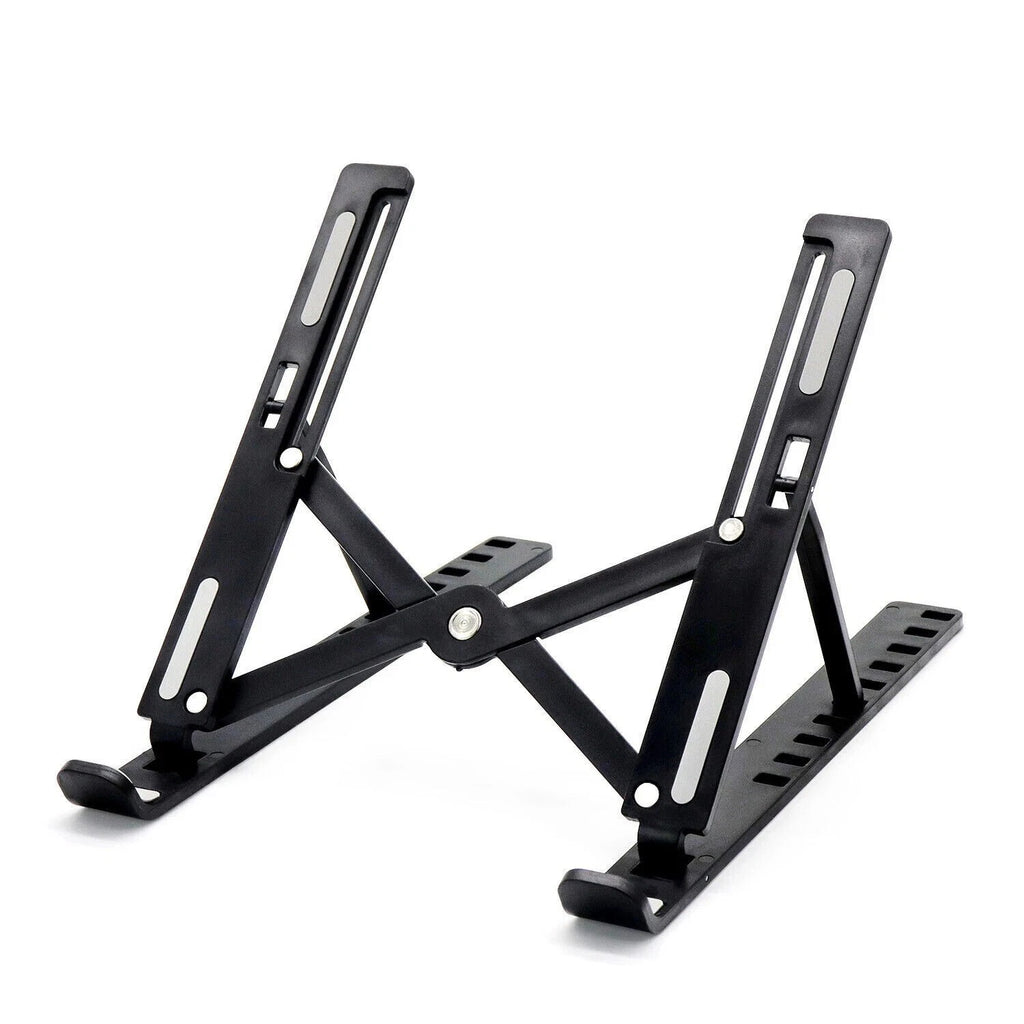 Black adjustable metal laptop stand with perforated platforms and padded feet