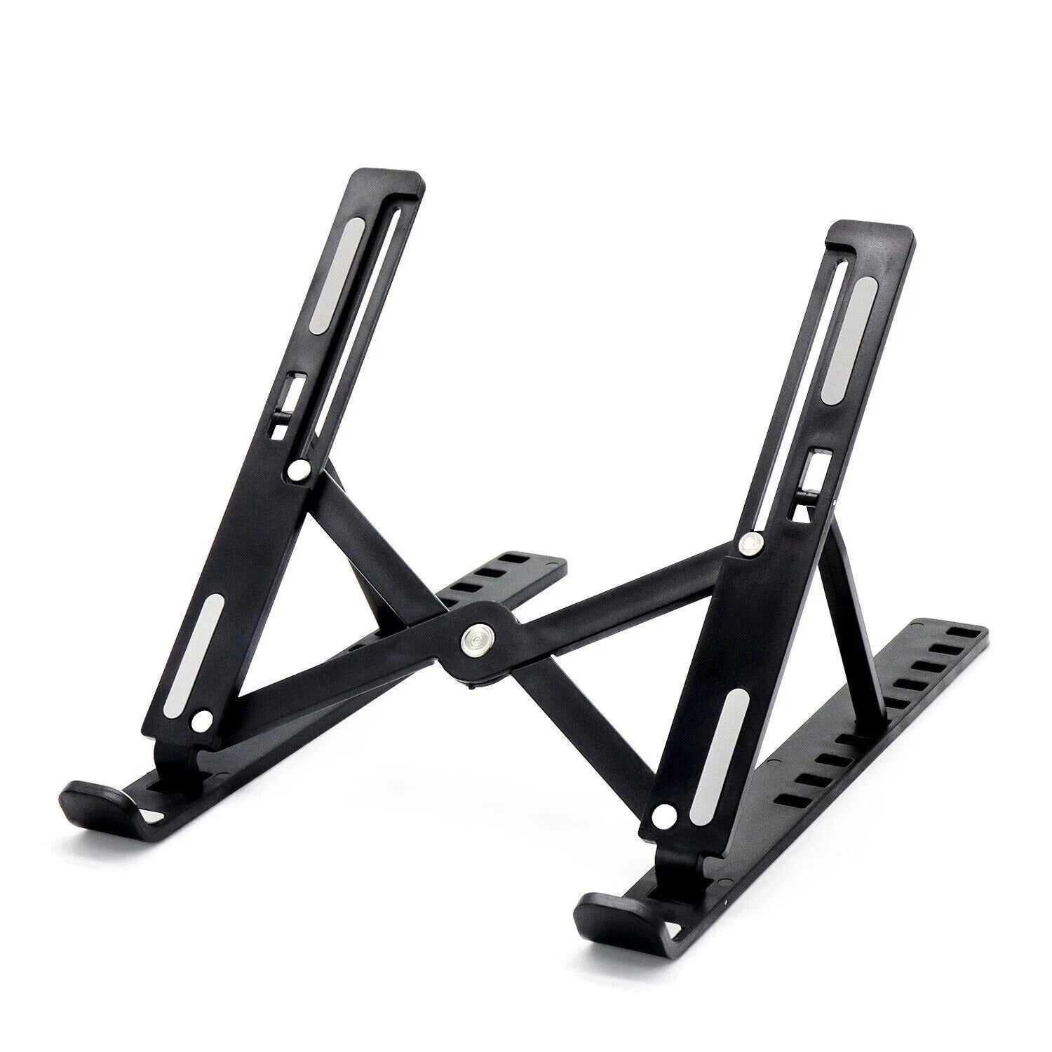 Black adjustable metal laptop stand with perforated platforms and padded feet