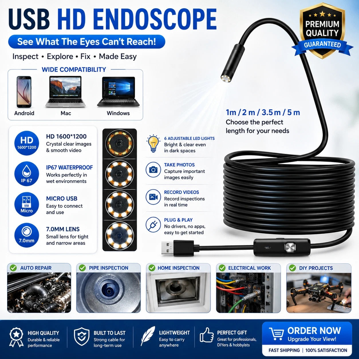 Waterproof USB endoscope with coiled cable and inspection camera head for phone use