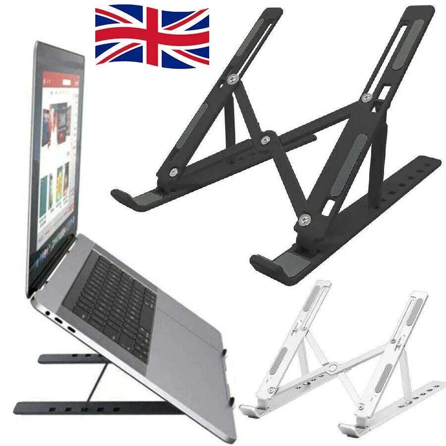 Black metal laptop stand and white version shown holding a laptop at angle