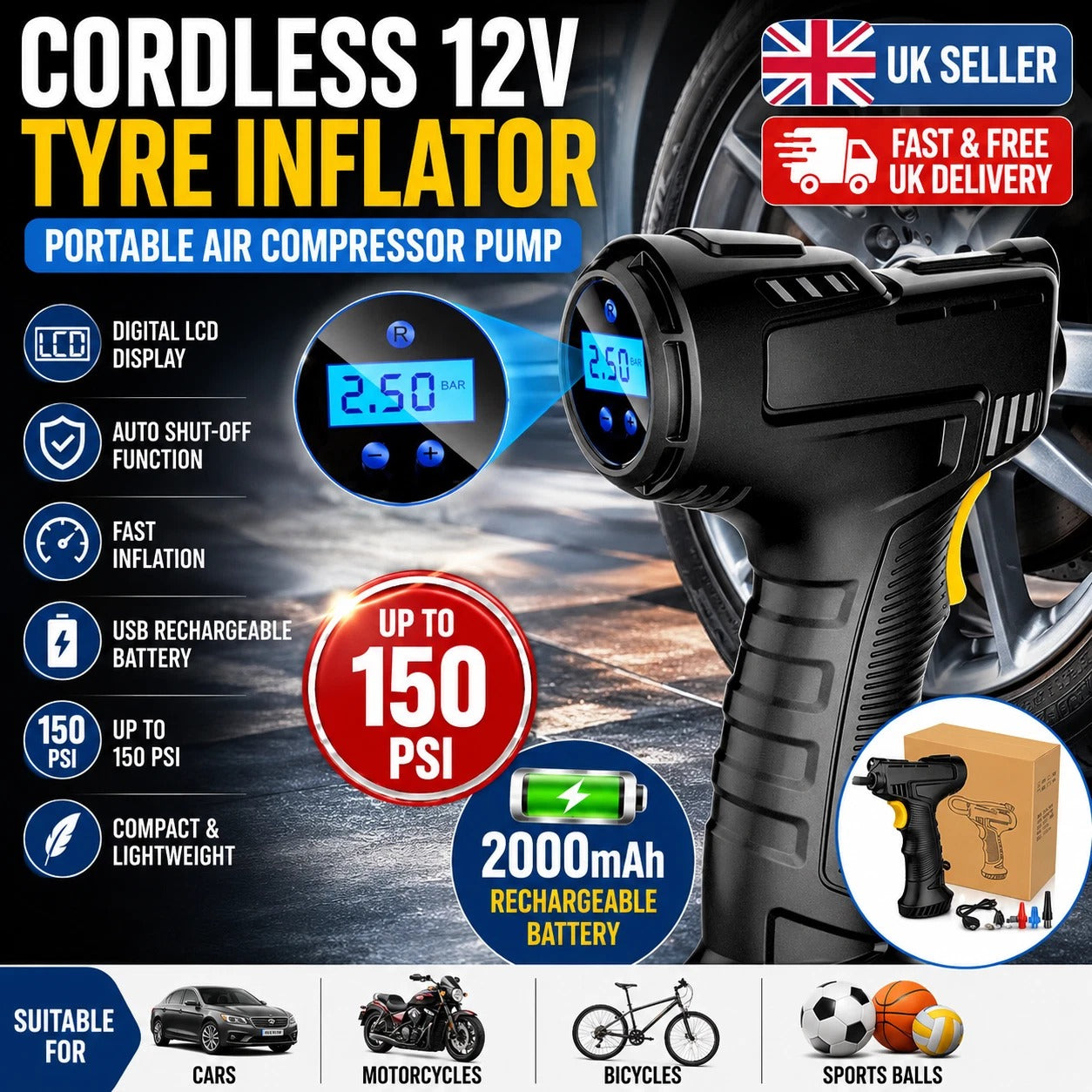 Cordless 12V Electric Car Tyre Inflator Pump Portable Tire Air Compressor Pump