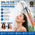 Chrome turbo pressure shower head with round filter face and amber bead filter core