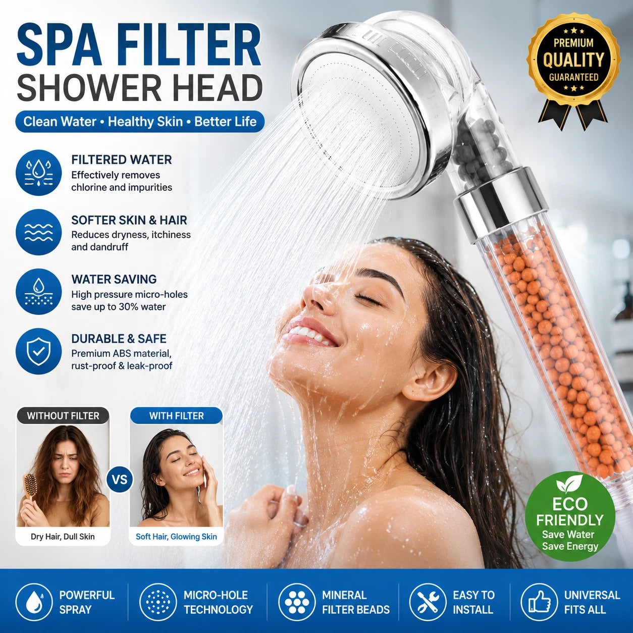 Chrome turbo pressure shower head with round filter face and amber bead filter core