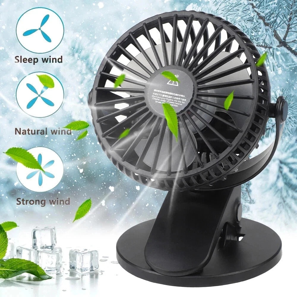 Portable USB Clip On Fan Rechargeable Mini Desk Fan 360° Rotation Quiet Cooling