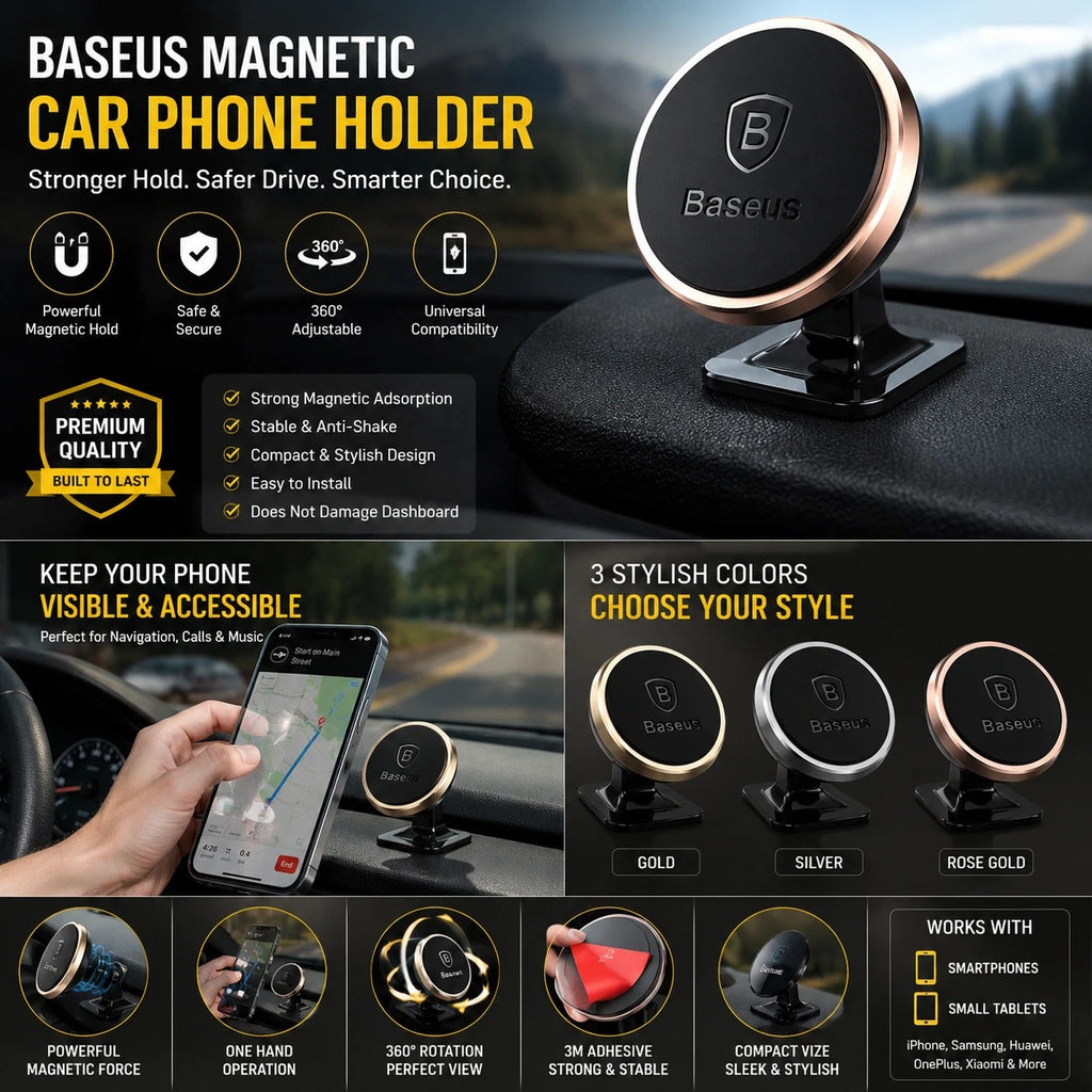 Baseus 360° Magnetic Car Smart Phone Holder Dashboard Universal Mount Bracket UK