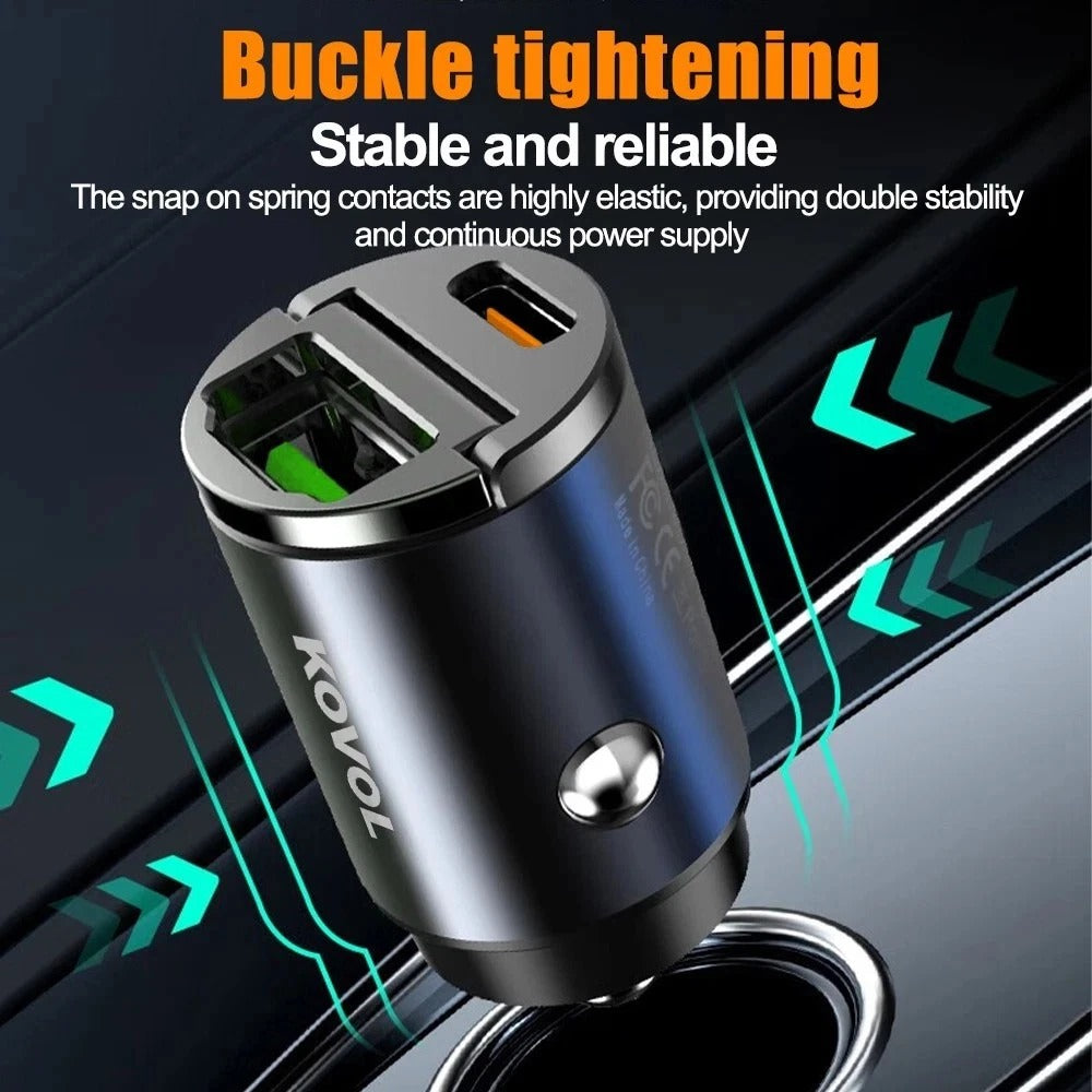Black and silver car charger adapter with Type C and USB-A ports, stable spring clip