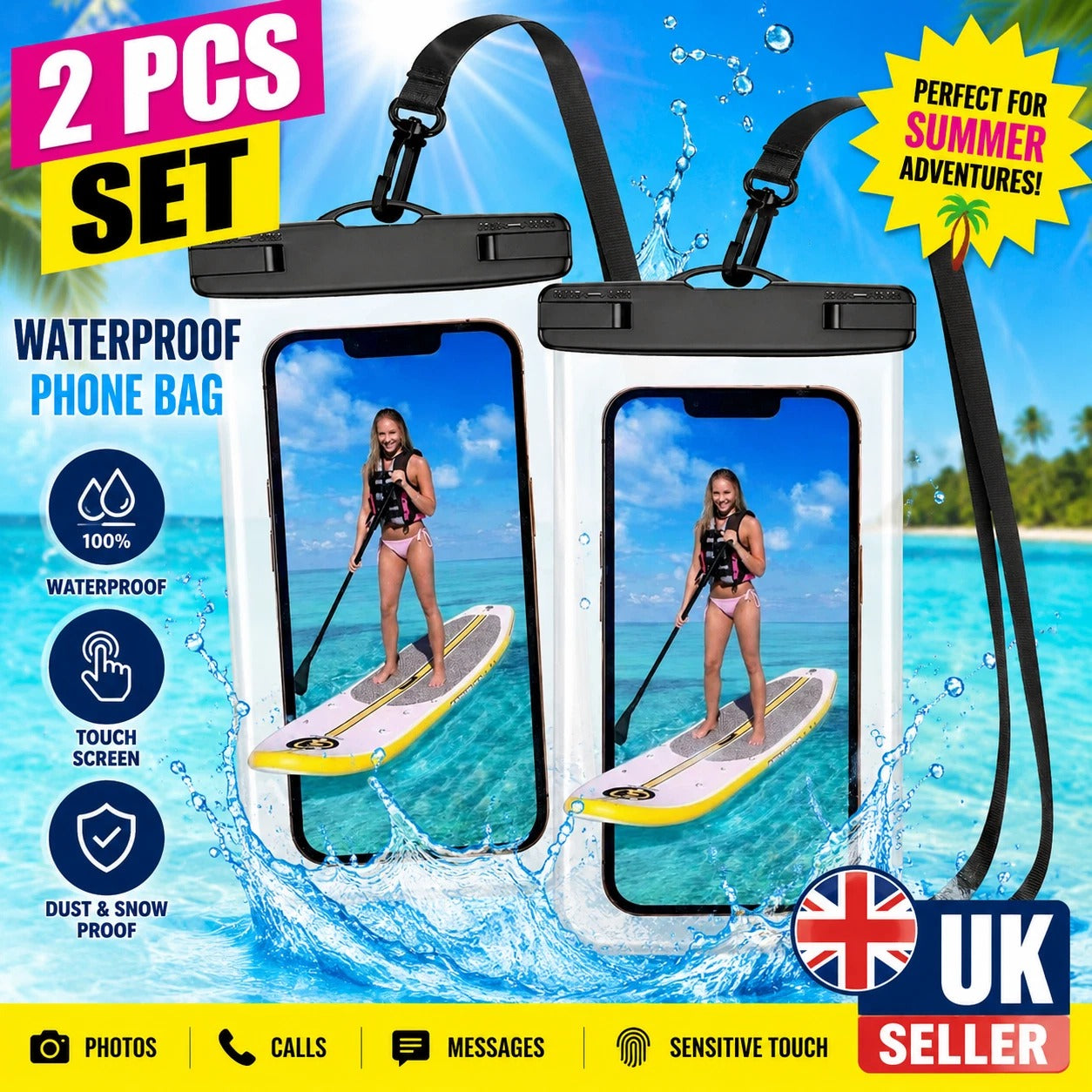 Pack Of 2 Waterproof Phone Pouch Underwater Case Cover Universal Dry Bag Mobile