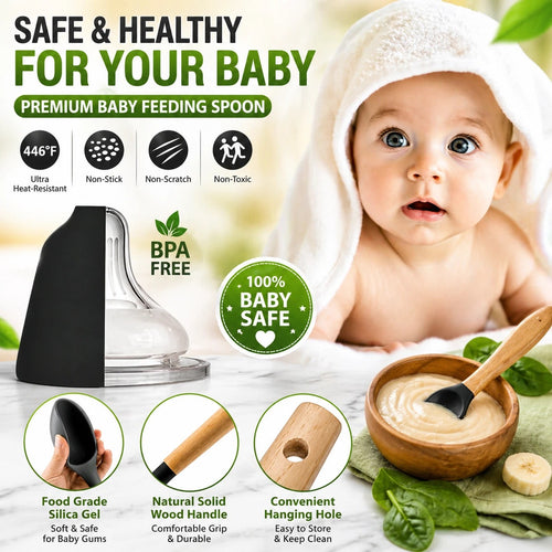 Silicone kitchen spoon with wooden handle, shown near baby feeding accessories