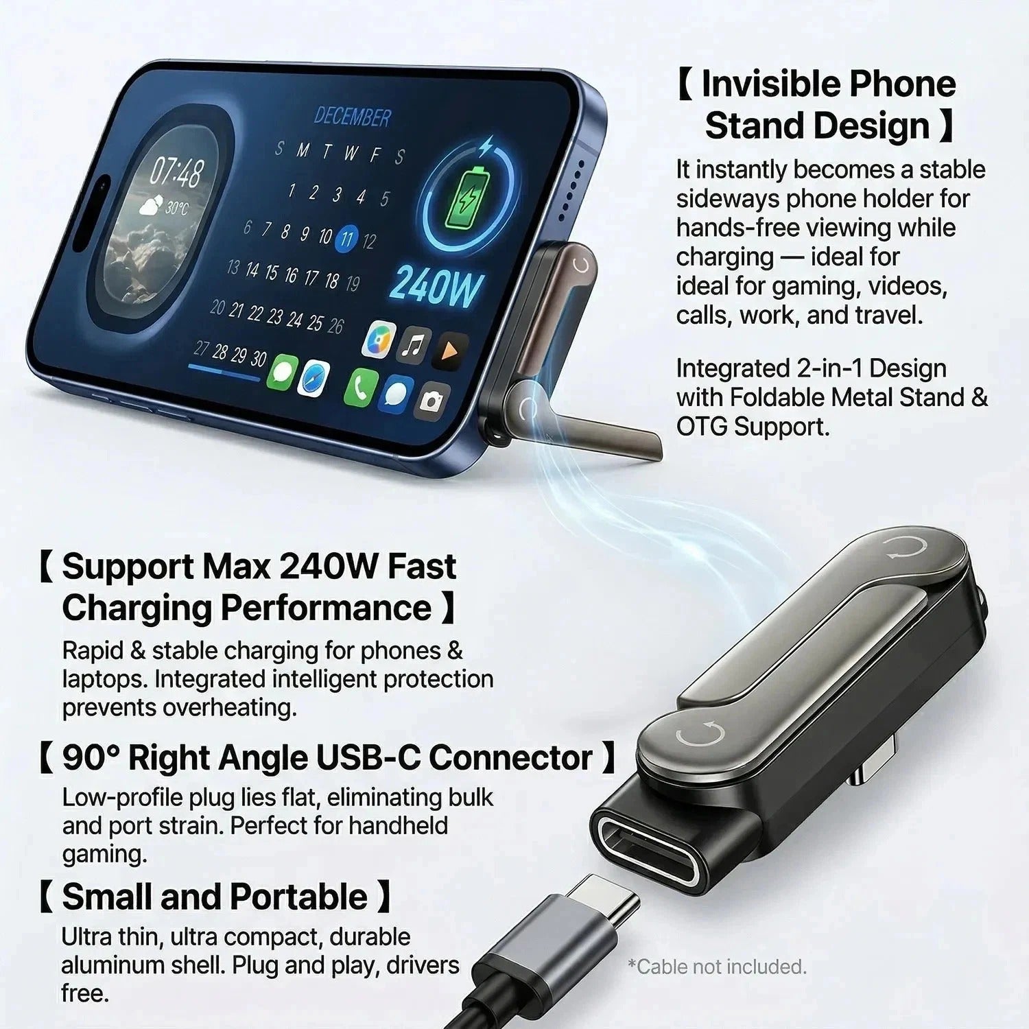 Invisible Holder Charger Cable–240W Fast Charging Cord with Phone Stand