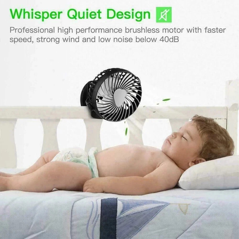 Portable USB Clip On Fan Rechargeable Mini Desk Fan 360° Rotation Quiet Cooling