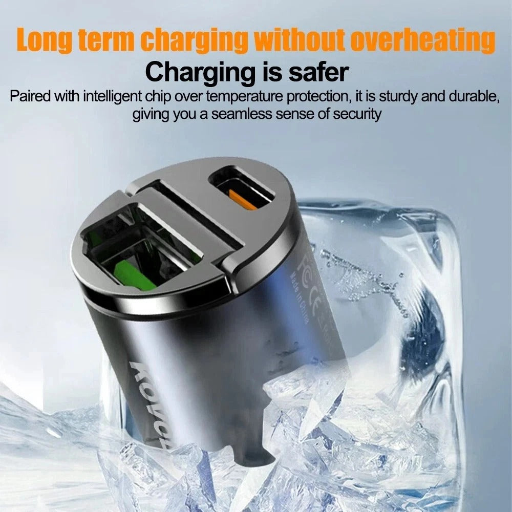 Car phone charger with Type C and USB port, dark metal body, compact plug