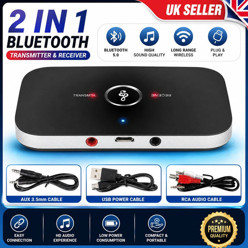 2-in-1 Bluetooth audio transmitter receiver adapter with AUX, USB, RCA ports and cables